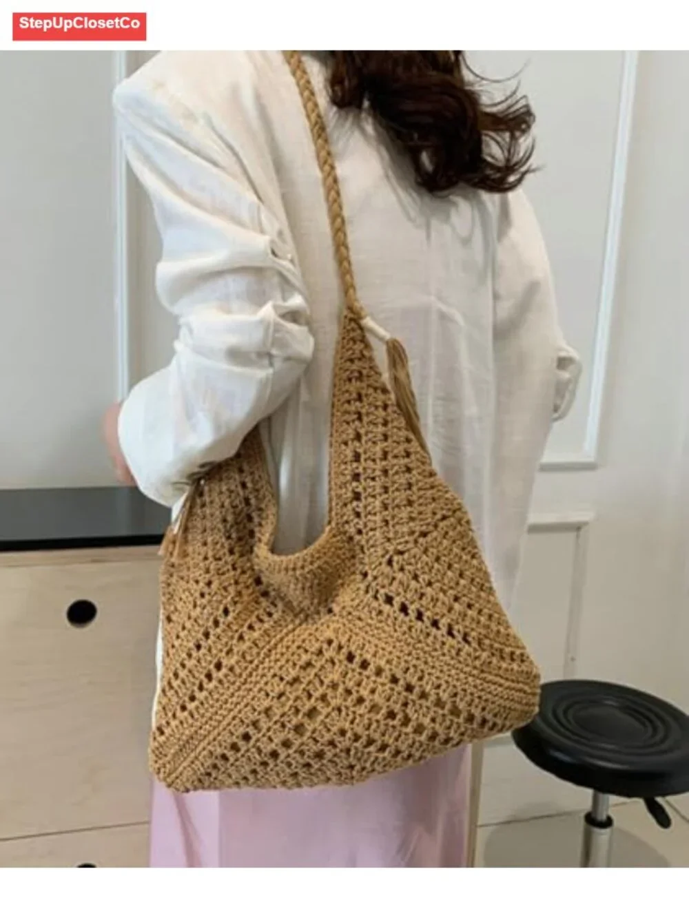 Boho Medium Woven Straw Tote Bag for Women Summer Beach Shoulder Purse Handbag